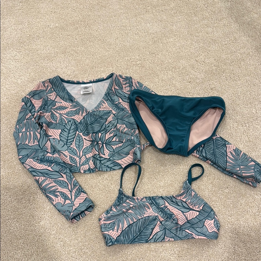 Teal and Pink Leaf Print 3-Piece Swim Set